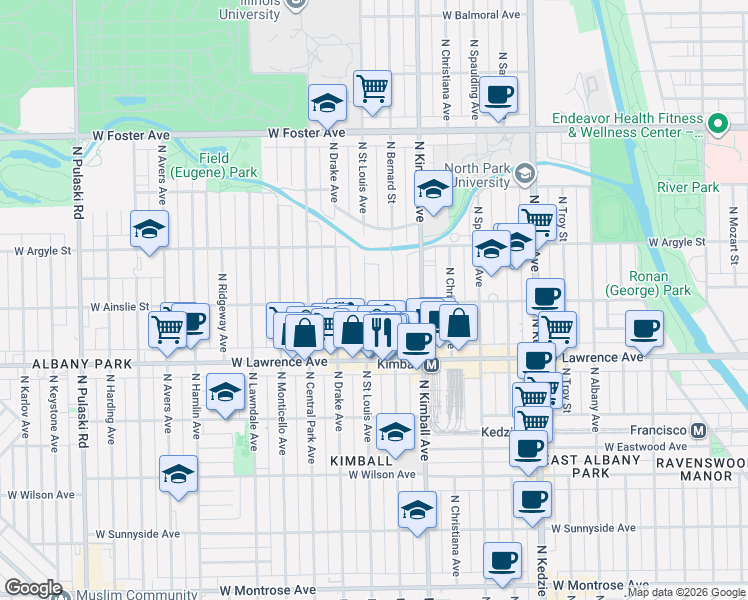 map of restaurants, bars, coffee shops, grocery stores, and more near 4855 North Saint Louis Avenue in Chicago