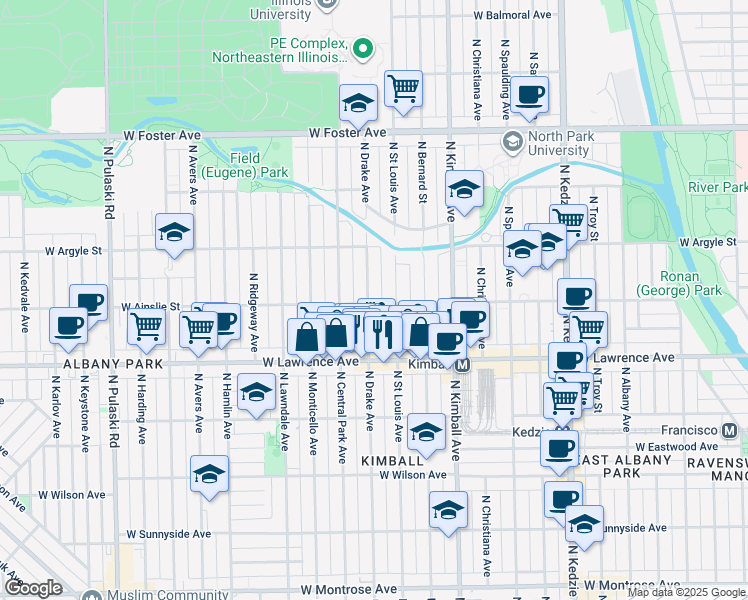 map of restaurants, bars, coffee shops, grocery stores, and more near 4855 North Drake Avenue in Chicago