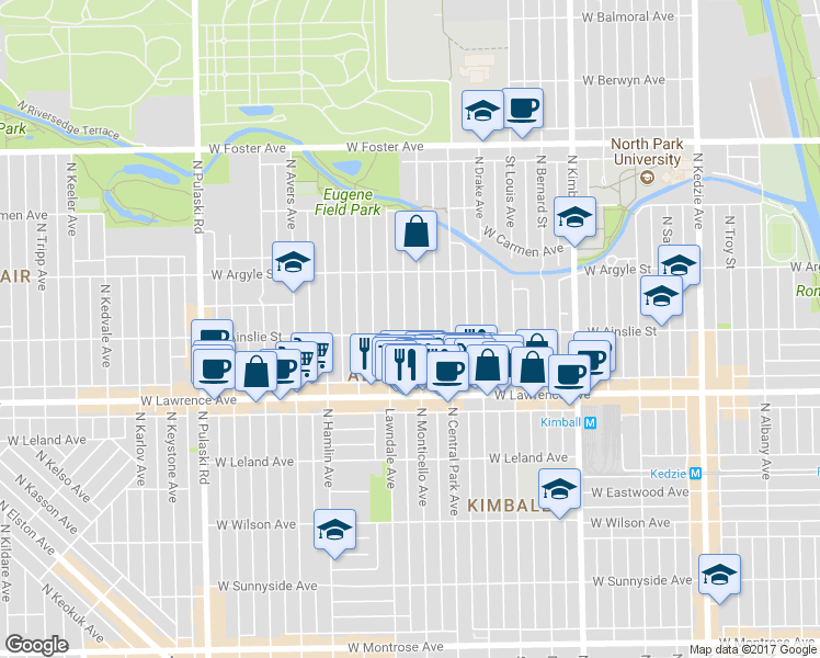 map of restaurants, bars, coffee shops, grocery stores, and more near 4858 North Monticello Avenue in Chicago