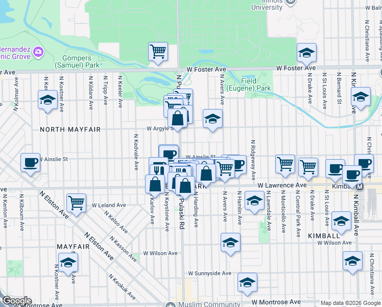 map of restaurants, bars, coffee shops, grocery stores, and more near 3945 West Ainslie Street in Chicago