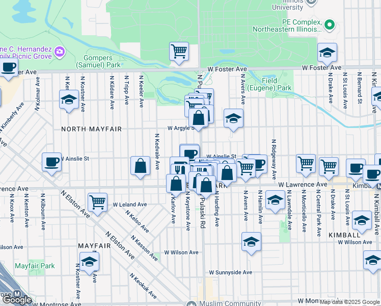 map of restaurants, bars, coffee shops, grocery stores, and more near 4857 North Keystone Avenue in Chicago