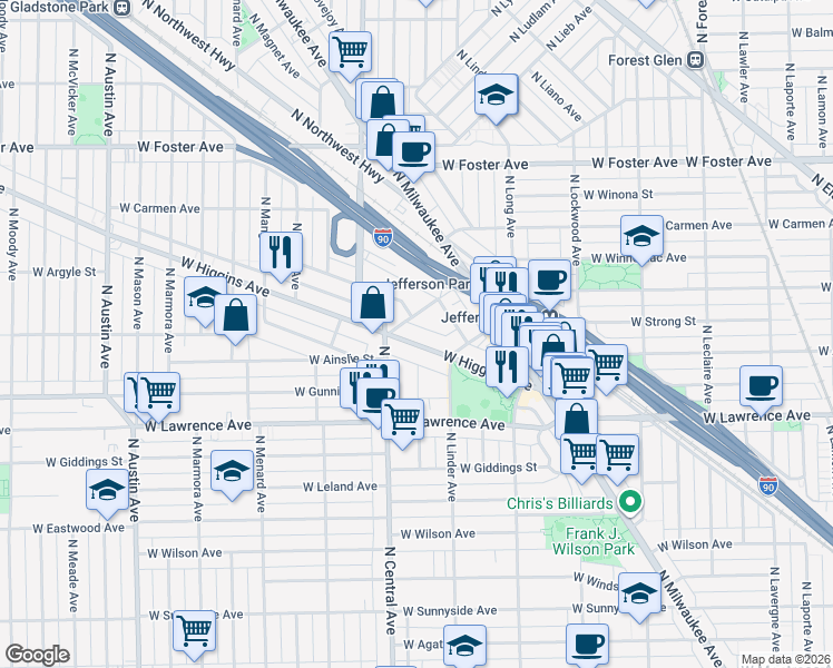 map of restaurants, bars, coffee shops, grocery stores, and more near 5536 West Higgins Avenue in Chicago