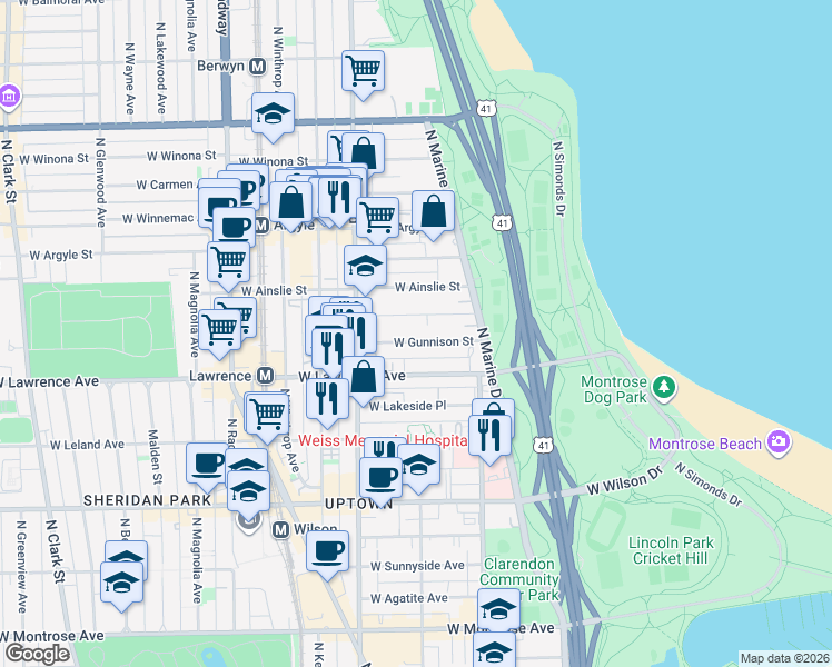 map of restaurants, bars, coffee shops, grocery stores, and more near 905 West Gunnison Street in Chicago