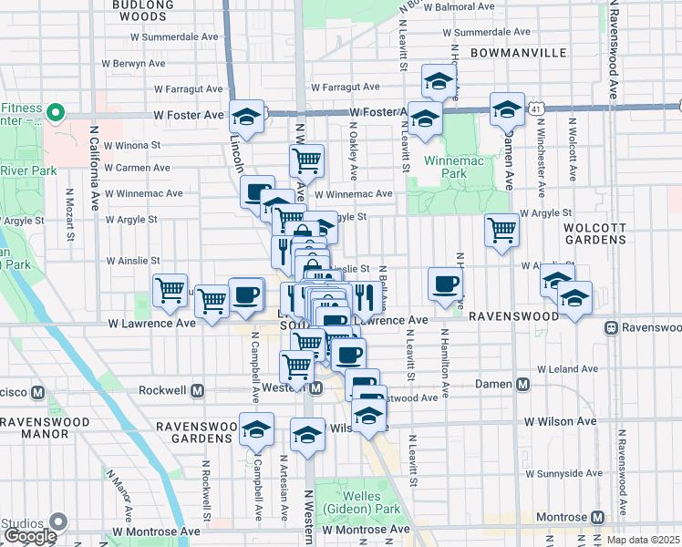 map of restaurants, bars, coffee shops, grocery stores, and more near 2315 West Ainslie Street in Chicago