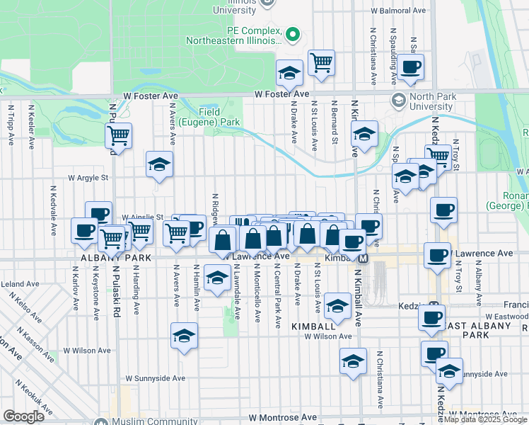 map of restaurants, bars, coffee shops, grocery stores, and more near 3616 West Ainslie Street in Chicago