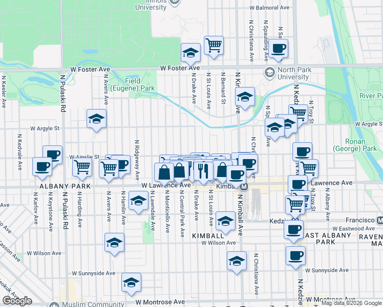 map of restaurants, bars, coffee shops, grocery stores, and more near 3536 West Ainslie Street in Chicago