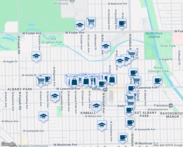 map of restaurants, bars, coffee shops, grocery stores, and more near 4855 North Saint Louis Avenue in Chicago