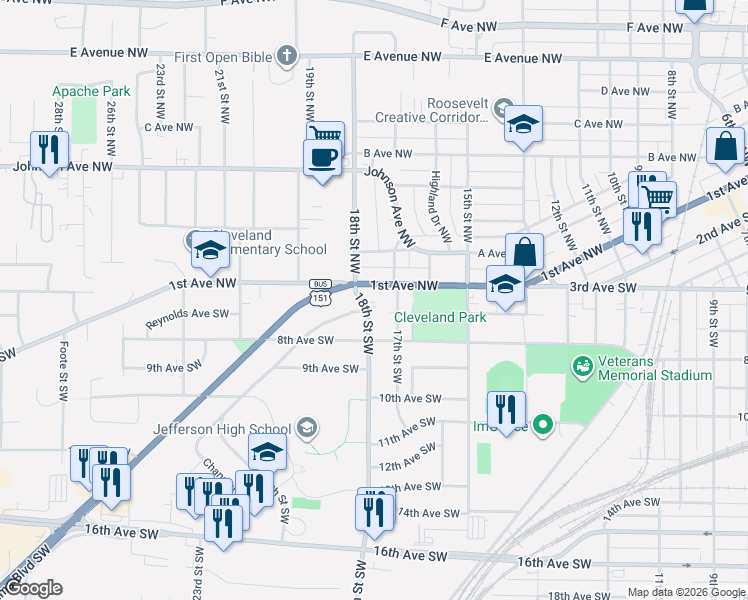 map of restaurants, bars, coffee shops, grocery stores, and more near 1800 Chandler St SW in Cedar Rapids
