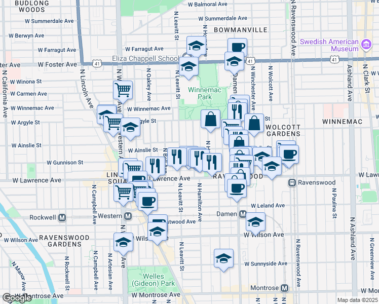 map of restaurants, bars, coffee shops, grocery stores, and more near 2135 West Ainslie Street in Chicago