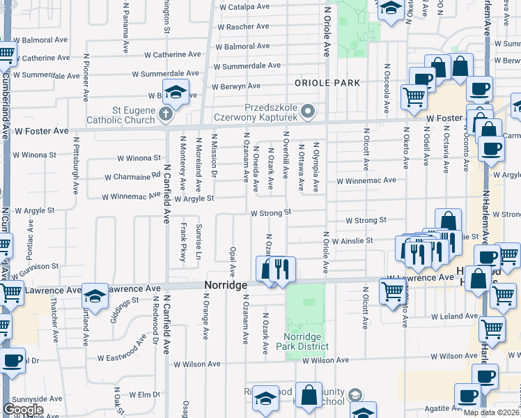 map of restaurants, bars, coffee shops, grocery stores, and more near 4945 North Ozark Avenue in Norridge