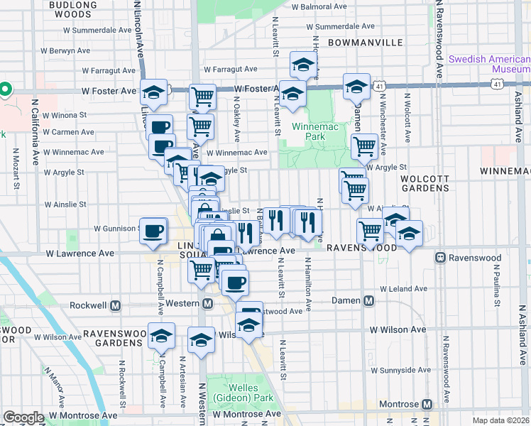 map of restaurants, bars, coffee shops, grocery stores, and more near 4846 North Bell Avenue in Chicago