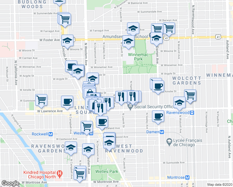 map of restaurants, bars, coffee shops, grocery stores, and more near 4846 North Bell Avenue in Chicago