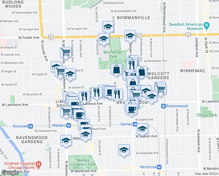 map of restaurants, bars, coffee shops, grocery stores, and more near 2117 West Ainslie Street in Chicago