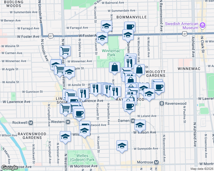 map of restaurants, bars, coffee shops, grocery stores, and more near 4843 North Hamilton Avenue in Chicago