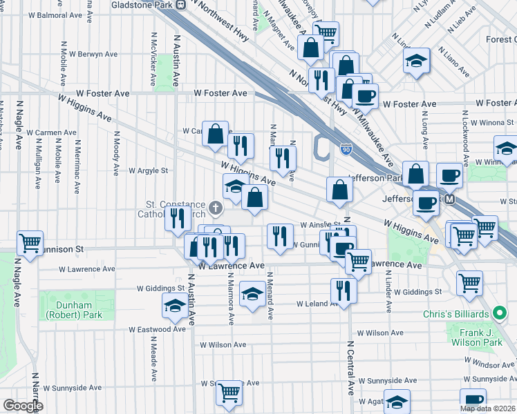 map of restaurants, bars, coffee shops, grocery stores, and more near 5758 West Ainslie Street in Chicago