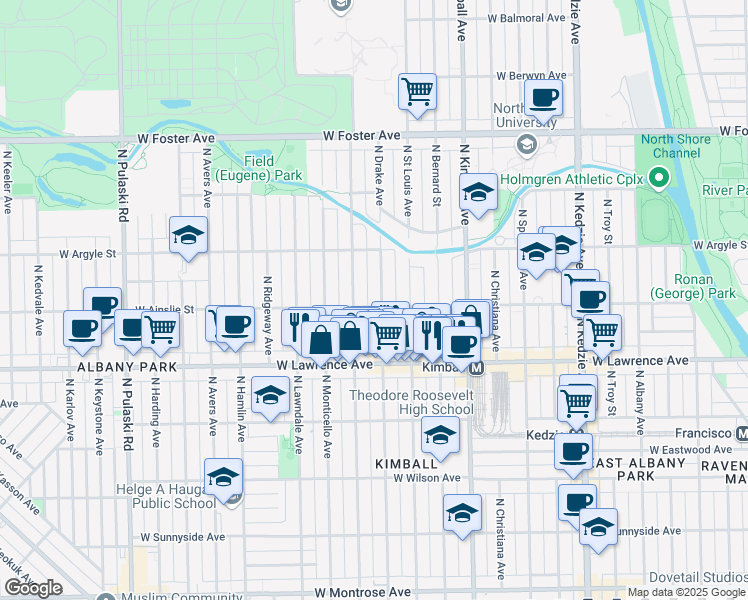 map of restaurants, bars, coffee shops, grocery stores, and more near 3536 West Ainslie Street in Chicago