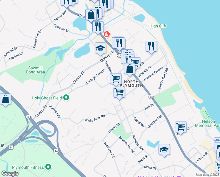 map of restaurants, bars, coffee shops, grocery stores, and more near 9 Peck Avenue in Plymouth