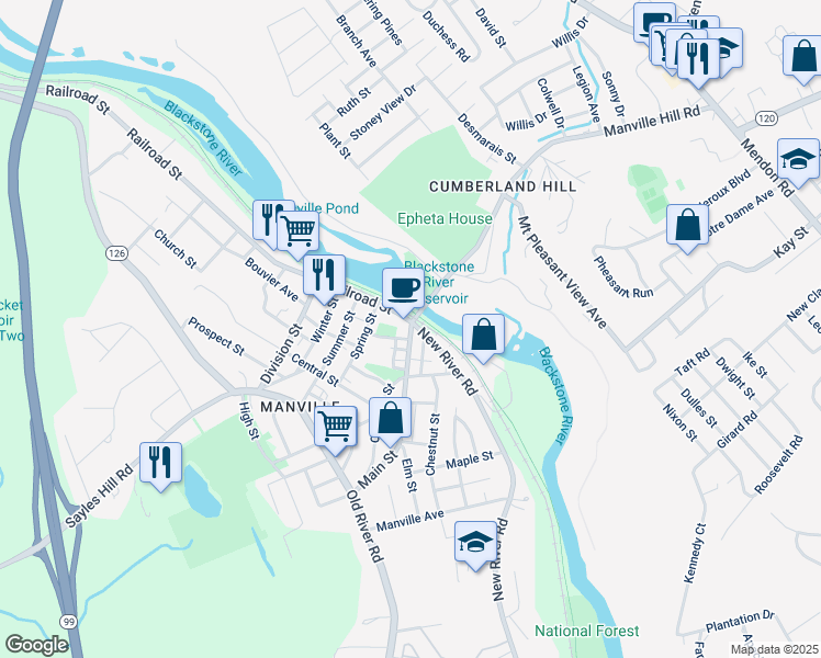map of restaurants, bars, coffee shops, grocery stores, and more near 30 Main Street in Lincoln