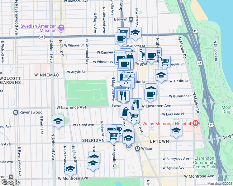 map of restaurants, bars, coffee shops, grocery stores, and more near 4832 North Broadway in Chicago