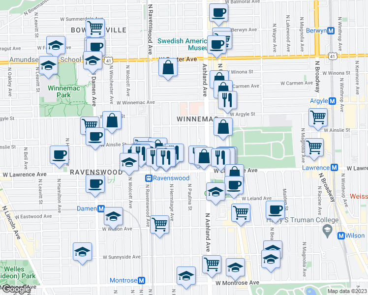 map of restaurants, bars, coffee shops, grocery stores, and more near 4839 North Hermitage Avenue in Chicago