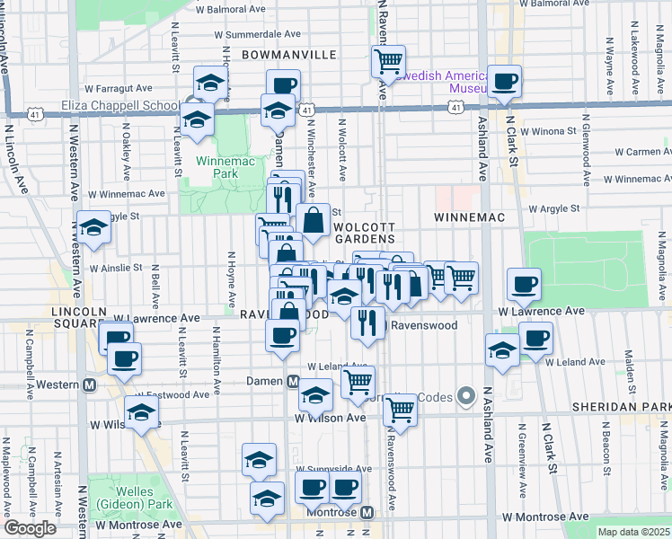 map of restaurants, bars, coffee shops, grocery stores, and more near 4838 North Wolcott Avenue in Chicago