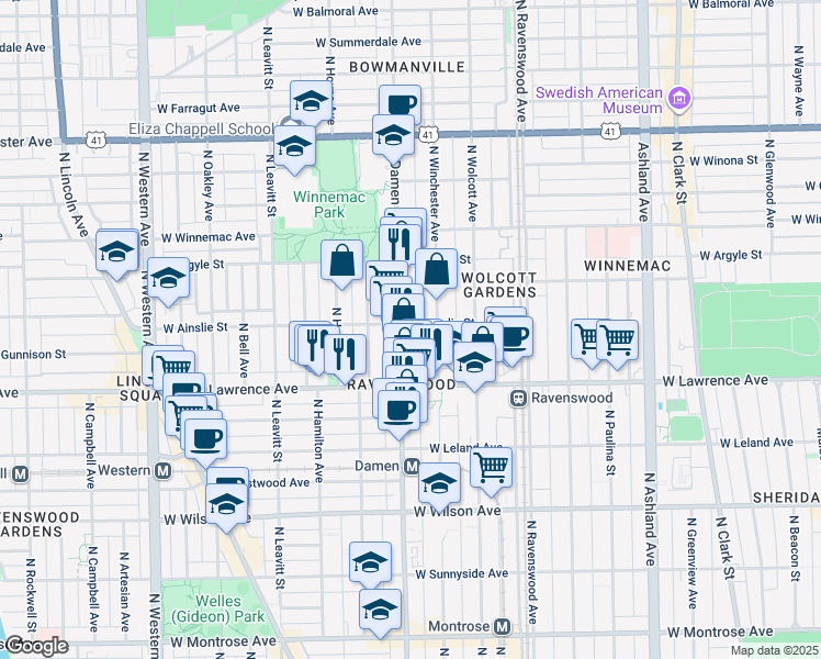 map of restaurants, bars, coffee shops, grocery stores, and more near 4842 North Damen Avenue in Chicago