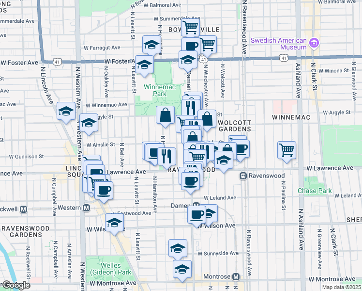 map of restaurants, bars, coffee shops, grocery stores, and more near 4842 North Damen Avenue in Chicago