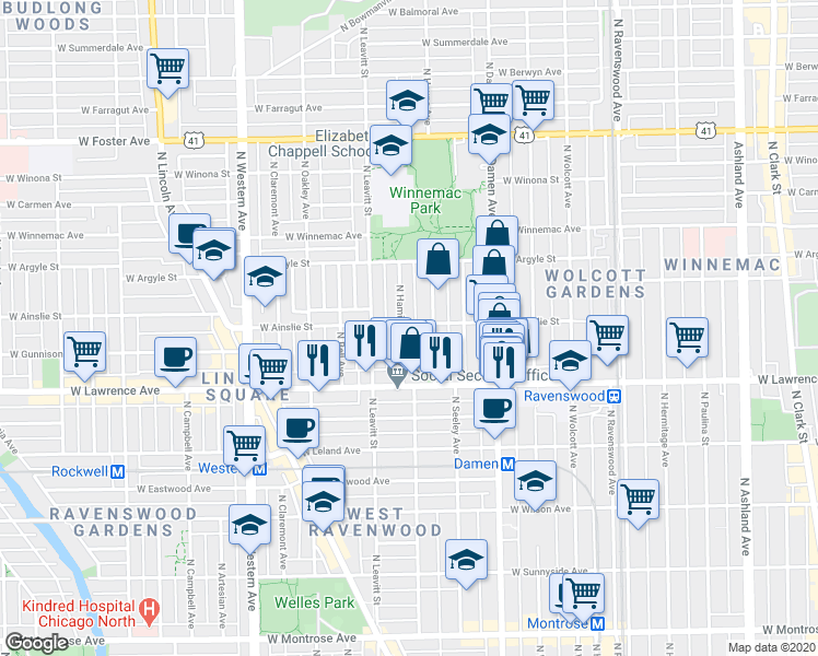 map of restaurants, bars, coffee shops, grocery stores, and more near 4843 North Hamilton Avenue in Chicago