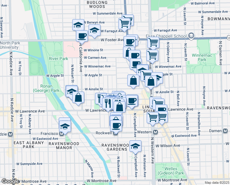map of restaurants, bars, coffee shops, grocery stores, and more near 4851 North Talman Avenue in Chicago