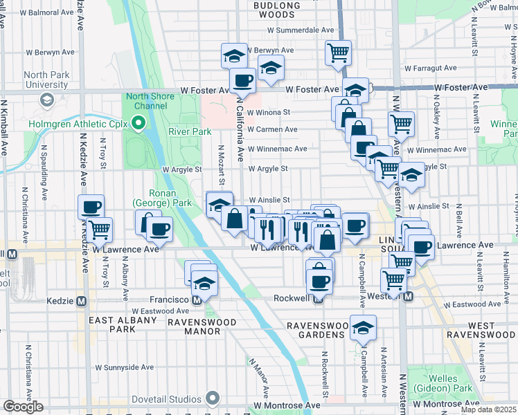 map of restaurants, bars, coffee shops, grocery stores, and more near 2726 West Gunnison Street in Chicago