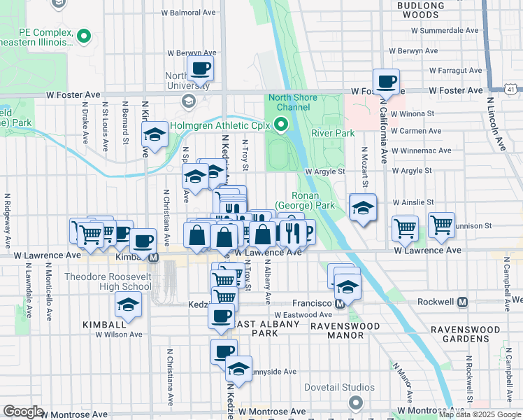 map of restaurants, bars, coffee shops, grocery stores, and more near 4850 North Albany Avenue in Chicago