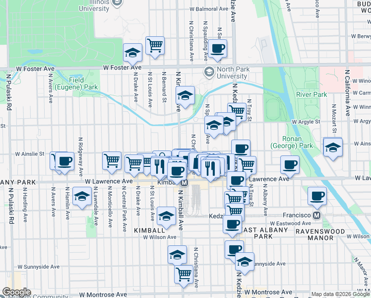 map of restaurants, bars, coffee shops, grocery stores, and more near 4856 North Christiana Avenue in Chicago