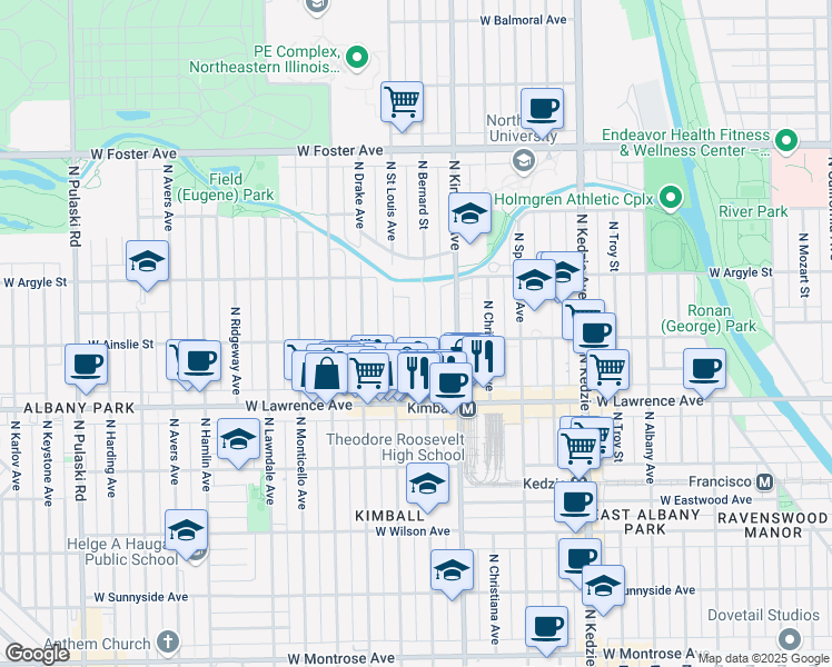 map of restaurants, bars, coffee shops, grocery stores, and more near 3449 West Ainslie Street in Chicago