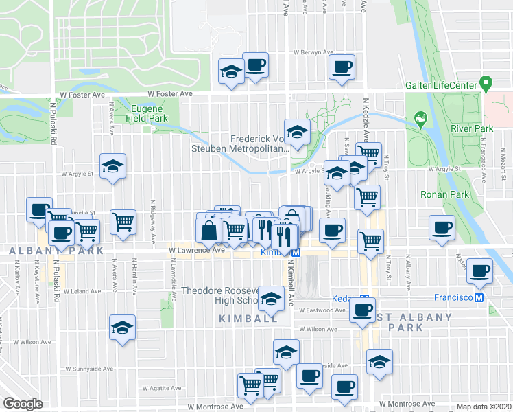 map of restaurants, bars, coffee shops, grocery stores, and more near 3449 West Ainslie Street in Chicago