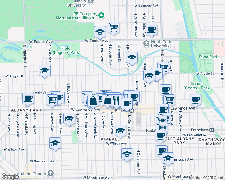map of restaurants, bars, coffee shops, grocery stores, and more near 3449 West Ainslie Street in Chicago