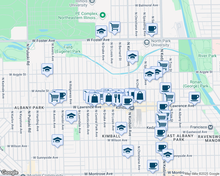 map of restaurants, bars, coffee shops, grocery stores, and more near 3449 West Ainslie Street in Chicago