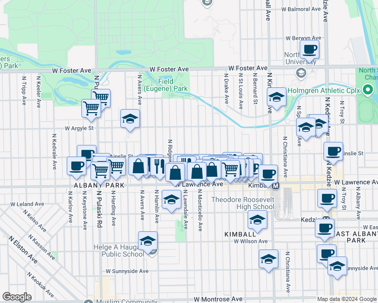 map of restaurants, bars, coffee shops, grocery stores, and more near 4858 North Monticello Avenue in Chicago