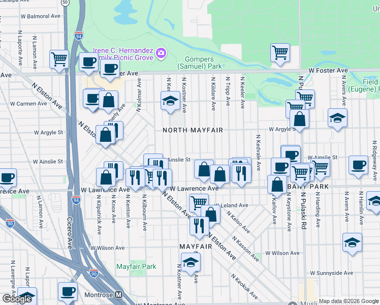 map of restaurants, bars, coffee shops, grocery stores, and more near 4900 North Kostner Avenue in Chicago