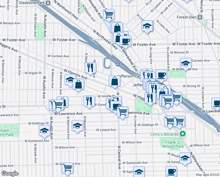 map of restaurants, bars, coffee shops, grocery stores, and more near 5601 West Higgins Avenue in Chicago
