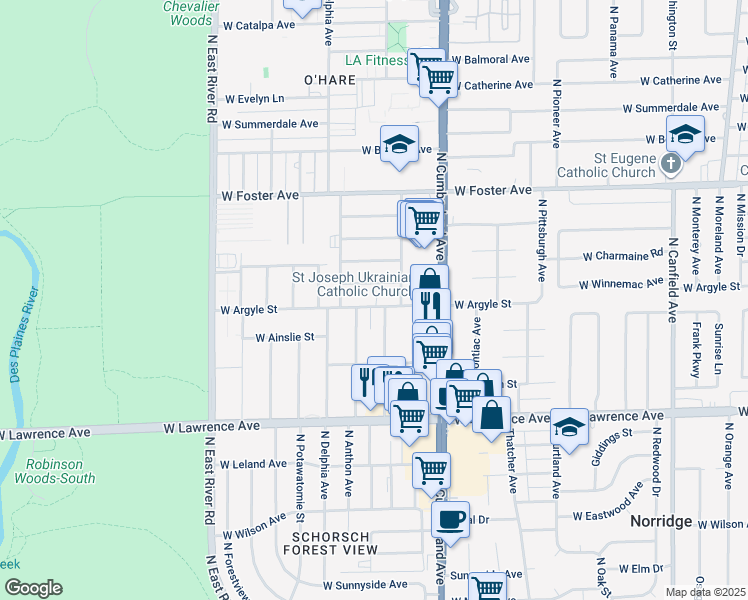 map of restaurants, bars, coffee shops, grocery stores, and more near 4951 West Argyle Street in Chicago