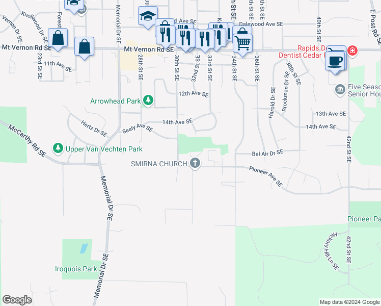 map of restaurants, bars, coffee shops, grocery stores, and more near 1520 Oak Ridge Lane Southeast in Cedar Rapids