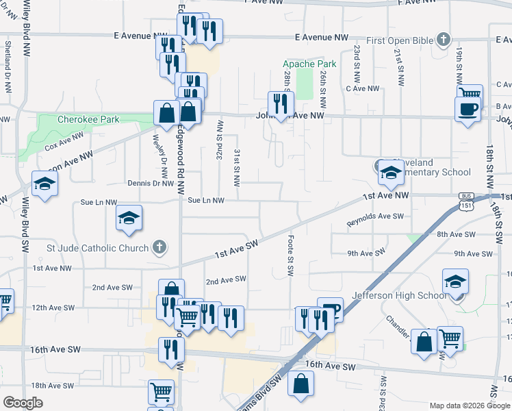 map of restaurants, bars, coffee shops, grocery stores, and more near 2912 Ravenwood Terrace NW in Cedar Rapids