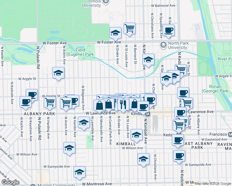 map of restaurants, bars, coffee shops, grocery stores, and more near 4904 North Drake Avenue in Chicago