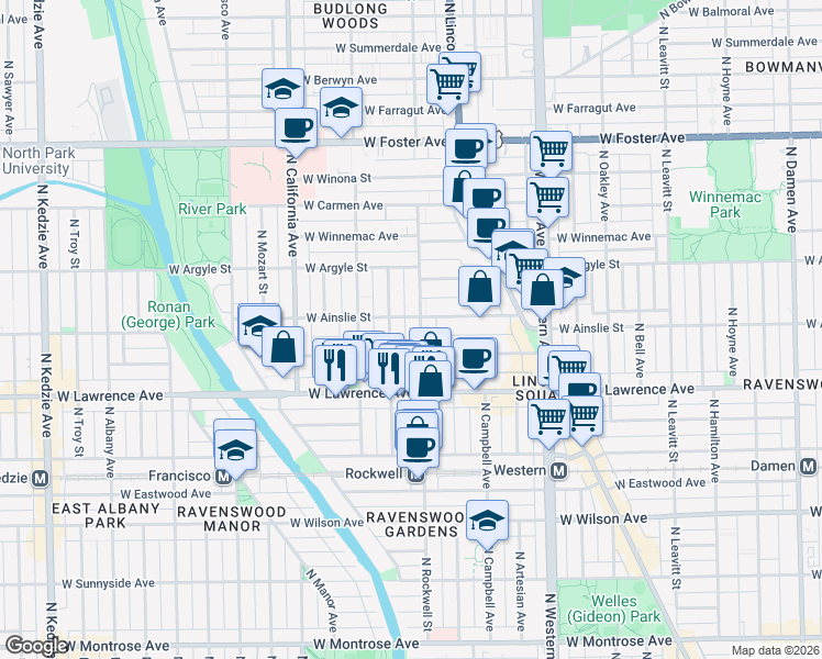 map of restaurants, bars, coffee shops, grocery stores, and more near 4862 North Rockwell Street in Chicago