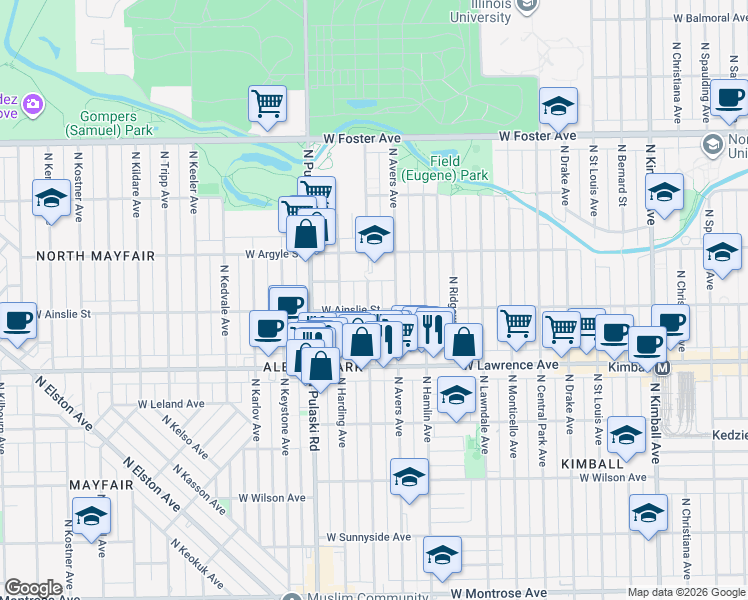 map of restaurants, bars, coffee shops, grocery stores, and more near 4907 North Springfield Avenue in Chicago