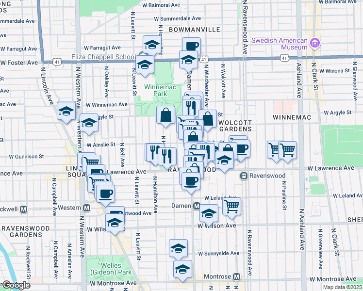 map of restaurants, bars, coffee shops, grocery stores, and more near 4855 North Seeley Avenue in Chicago