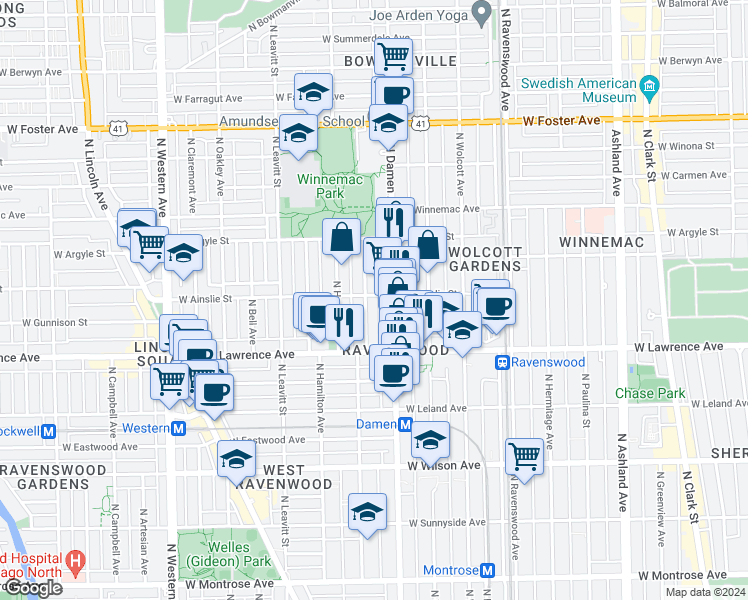 map of restaurants, bars, coffee shops, grocery stores, and more near 2017 West Ainslie Street in Chicago