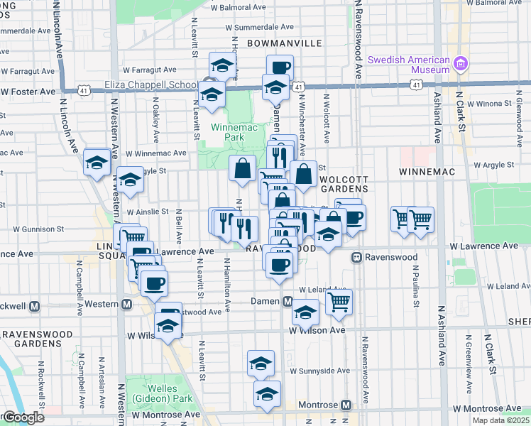 map of restaurants, bars, coffee shops, grocery stores, and more near 4842 North Damen Avenue in Chicago