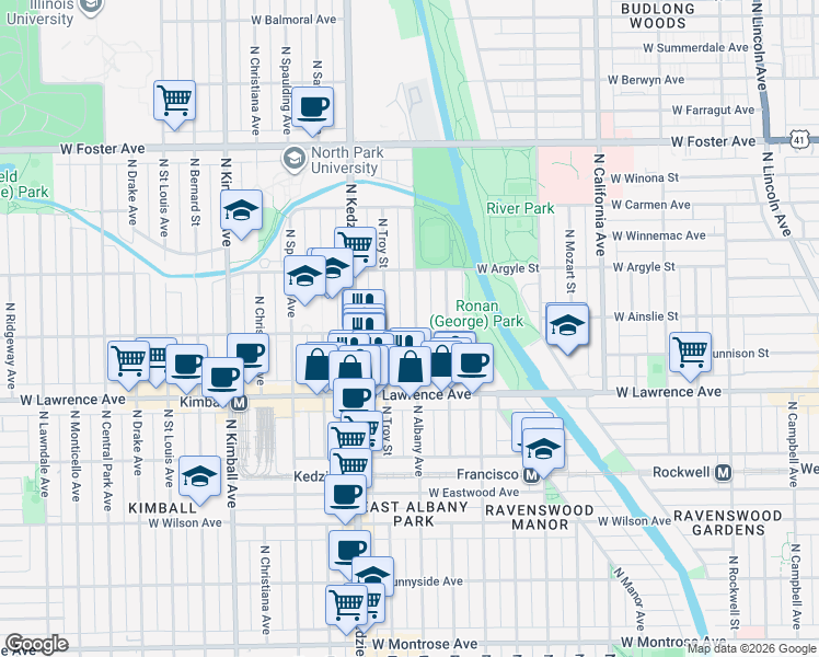 map of restaurants, bars, coffee shops, grocery stores, and more near 3106 West Ainslie Street in Chicago