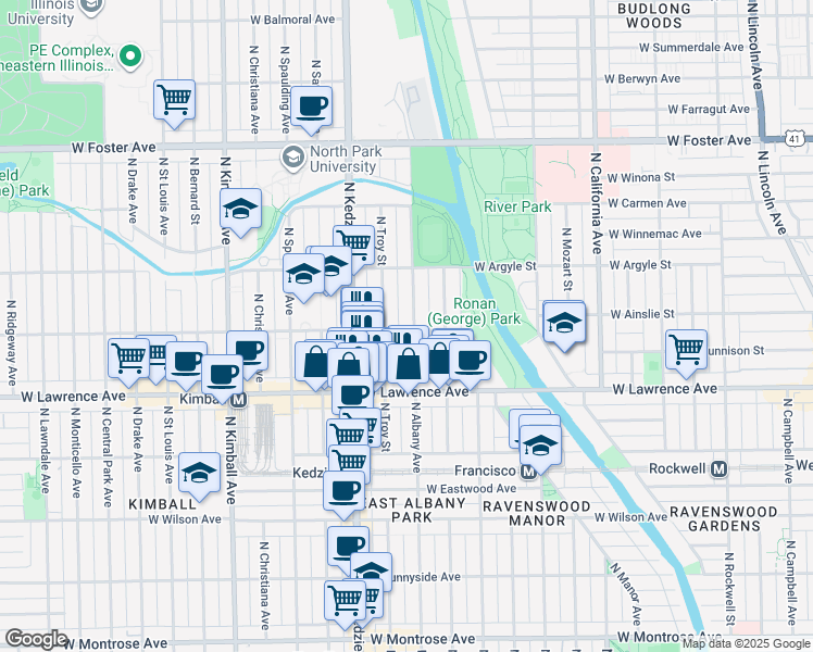 map of restaurants, bars, coffee shops, grocery stores, and more near 3104 West Ainslie Street in Chicago